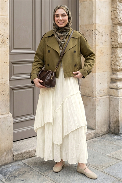 Büzgülü Kat Kat Krem Vual Etek