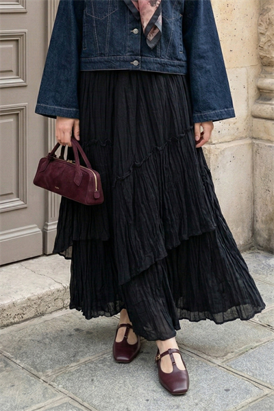 Büzgülü Kat Kat Siyah Vual Etek