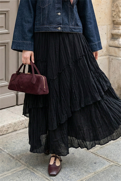 Büzgülü Kat Kat Siyah Vual Etek