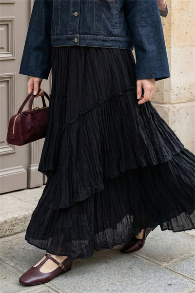 Büzgülü Kat Kat Siyah Vual Etek