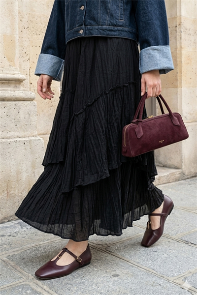 Büzgülü Kat Kat Siyah Vual Etek