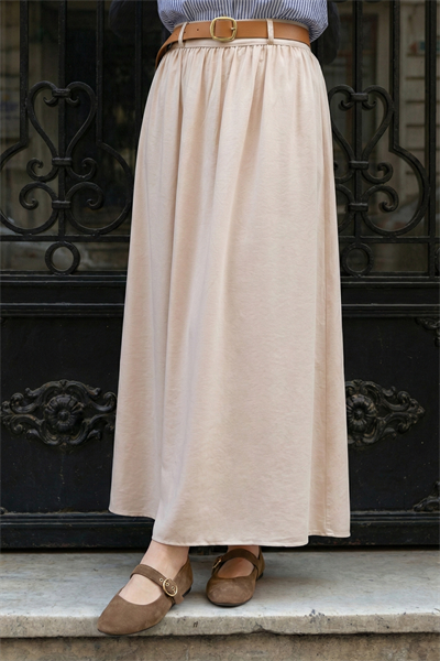 Büzgülü Kemerli Bej Modal Etek