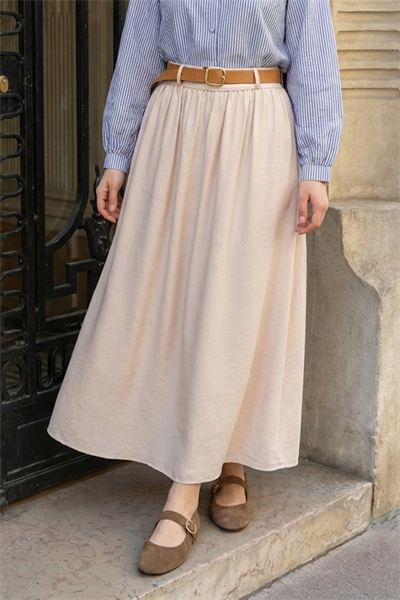 Büzgülü Kemerli Bej Modal Etek