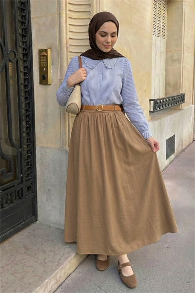 Büzgülü Kemerli Camel Modal Etek