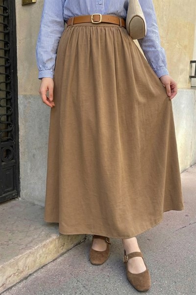 Büzgülü Kemerli Camel Modal Etek