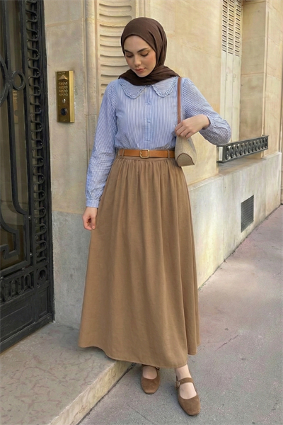 Büzgülü Kemerli Camel Modal Etek