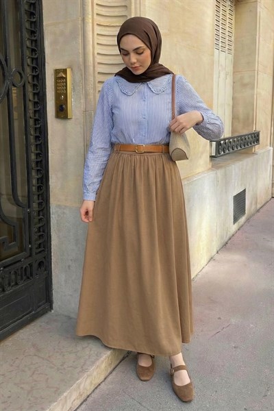 Büzgülü Kemerli Camel Modal Etek