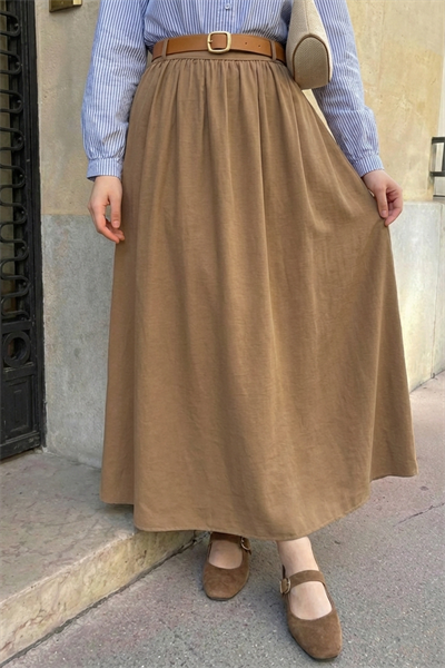 Büzgülü Kemerli Camel Modal Etek