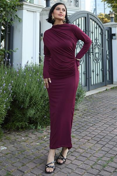 Büzgülü Sandy Bordo  Elbise