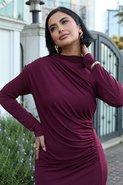 Büzgülü Sandy Bordo  Elbise