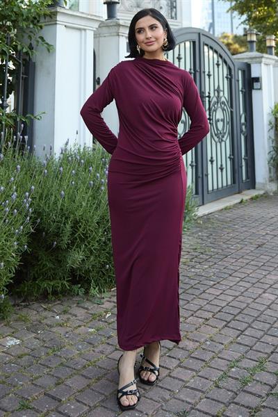 Büzgülü Sandy Bordo  Elbise