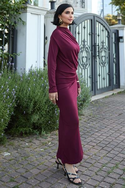Büzgülü Sandy Bordo  Elbise