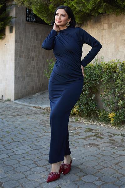 Büzgülü Sandy Lacivert Elbise