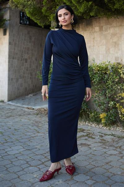 Büzgülü Sandy Lacivert Elbise