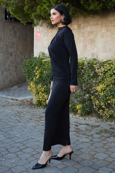 Büzgülü Sandy Siyah Elbise