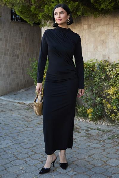 Büzgülü Sandy Siyah Elbise