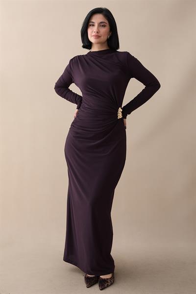 Büzgülü Yandan Broşlu Mor Sandy Elbise