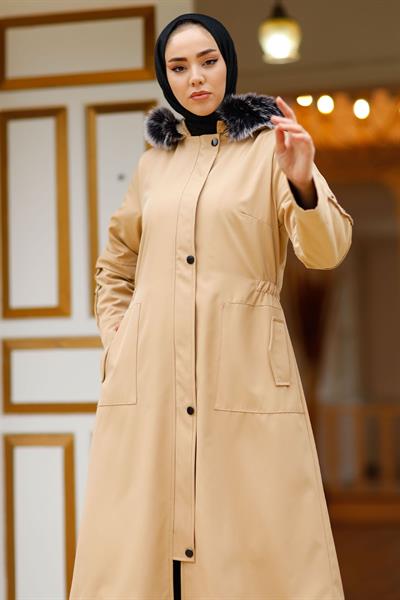 Çakım Detaylı 9019 Kürklü Kaban - Bej