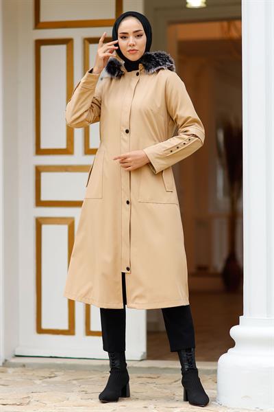 Çakım Detaylı 9019 Kürklü Kaban - Bej