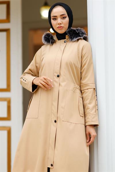 Çakım Detaylı 9019 Kürklü Kaban - Bej
