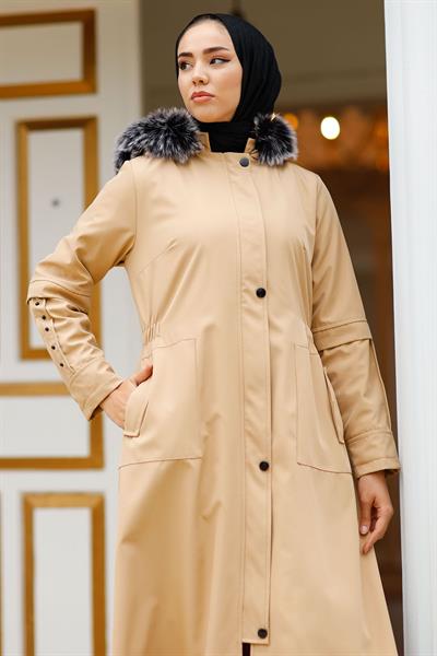Çakım Detaylı 9019 Kürklü Kaban - Bej
