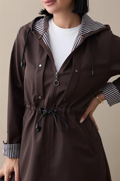 Çakımlı Çizgili Desen Uzun Acı Kahve Trençkot