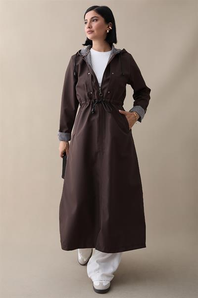 Çakımlı Çizgili Desen Uzun Acı Kahve Trençkot
