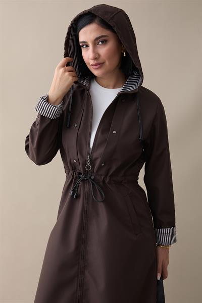 Çakımlı Çizgili Desen Uzun Acı Kahve Trençkot