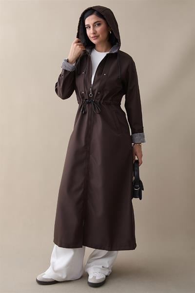 Çakımlı Çizgili Desen Uzun Acı Kahve Trençkot