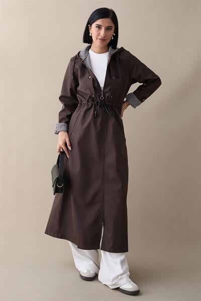 Çakımlı Çizgili Desen Uzun Acı Kahve Trençkot