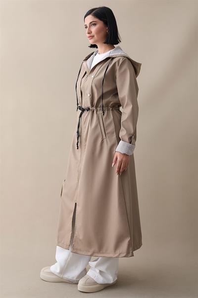 Çakımlı Çizgili Desen Uzun Bej Trençkot