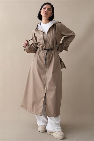 Çakımlı Çizgili Desen Uzun Bej Trençkot