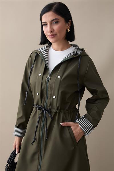 Çakımlı Çizgili Desen Uzun Haki Trençkot