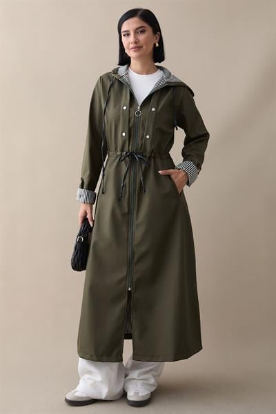 Çakımlı Çizgili Desen Uzun Haki Trençkot