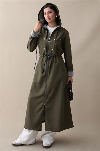 Çakımlı Çizgili Desen Uzun Haki Trençkot
