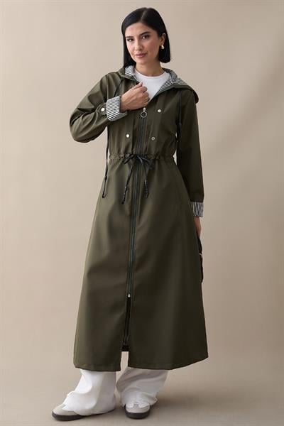 Çakımlı Çizgili Desen Uzun Haki Trençkot