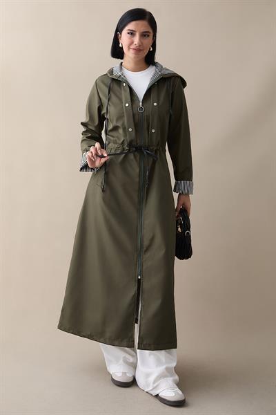 Çakımlı Çizgili Desen Uzun Haki Trençkot