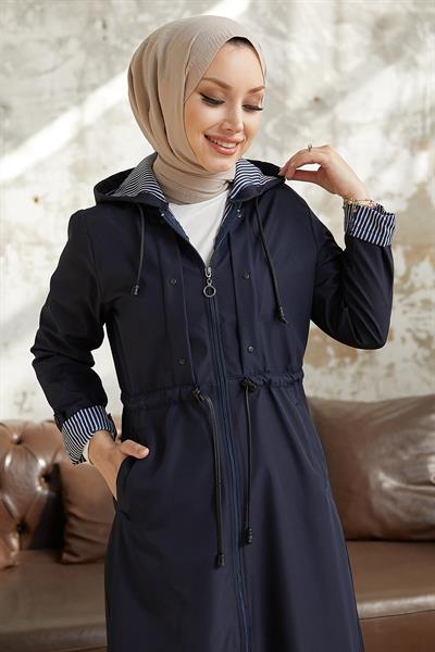 Çakımlı Çizgili Desen Uzun Lacivert Trençkot