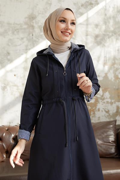 Çakımlı Çizgili Desen Uzun Lacivert Trençkot