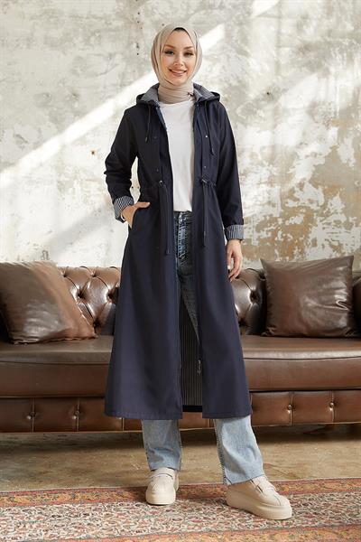 Çakımlı Çizgili Desen Uzun Lacivert Trençkot