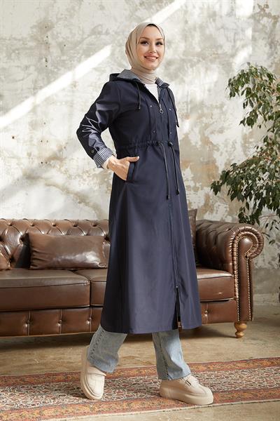Çakımlı Çizgili Desen Uzun Lacivert Trençkot