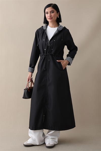 Çakımlı Çizgili Desen Uzun Siyah Trençkot