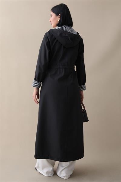 Çakımlı Çizgili Desen Uzun Siyah Trençkot
