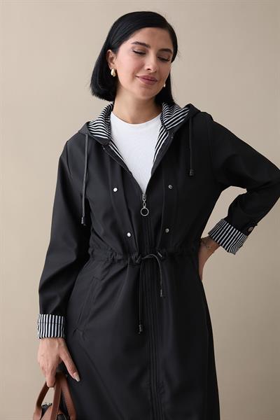 Çakımlı Çizgili Desen Uzun Siyah Trençkot