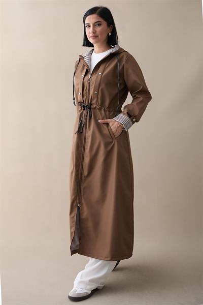 Çakımlı Çizgili Desen Uzun Taba Trençkot