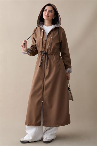 Çakımlı Çizgili Desen Uzun Taba Trençkot