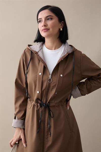 Çakımlı Çizgili Desen Uzun Taba Trençkot