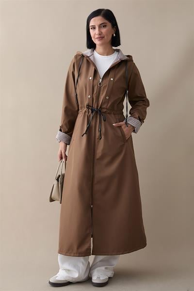 Çakımlı Çizgili Desen Uzun Taba Trençkot