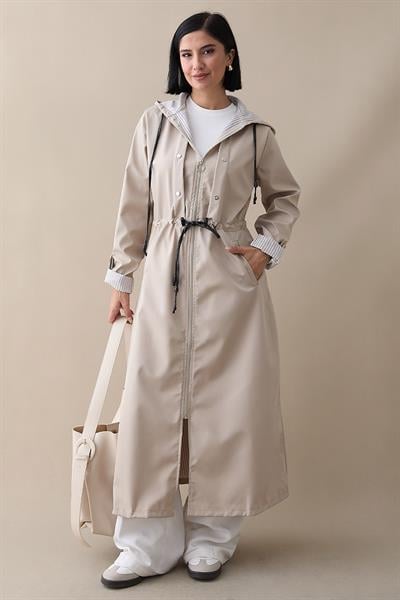 Çakımlı Çizgili Desen Uzun Taş Trençkot