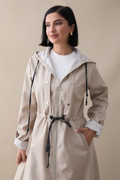 Çakımlı Çizgili Desen Uzun Taş Trençkot